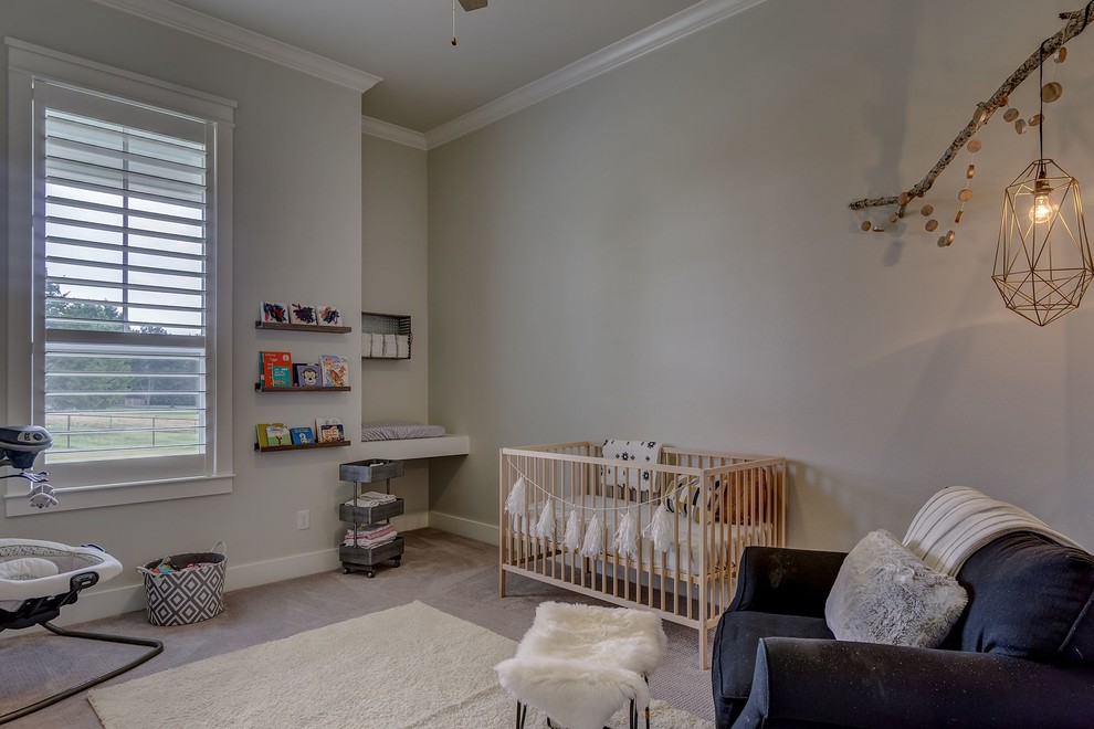 This is an example of a mid-sized country gender-neutral nursery in Other with grey walls, carpet and beige floor.