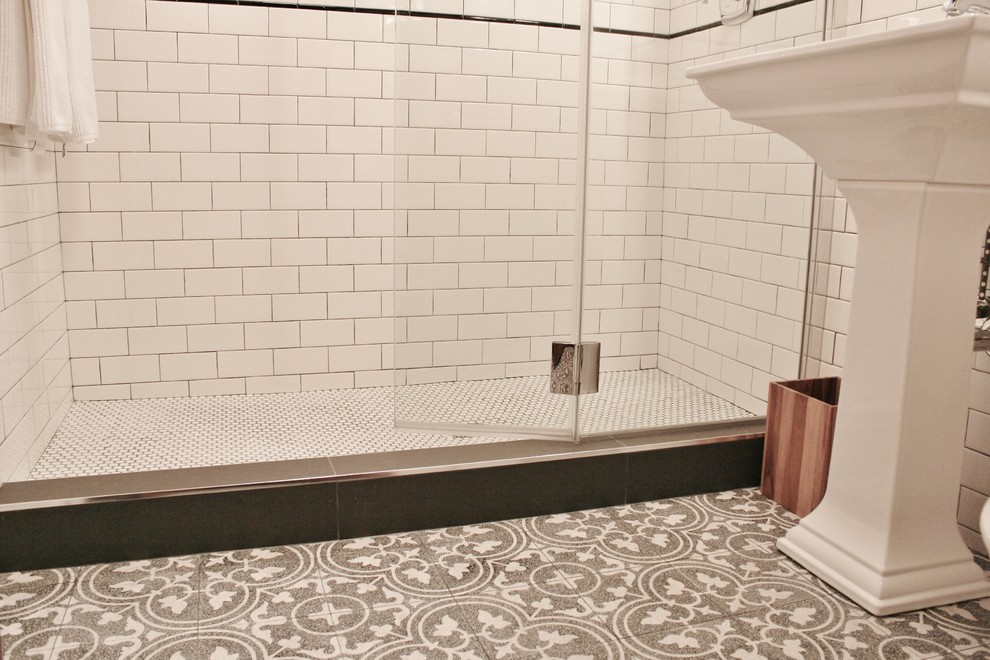 Inspiration for a small transitional 3/4 white tile and subway tile cement tile floor home design remodel in Chicago with furniture-like cabinets, a one-piece toilet, beige walls and a pedestal sink