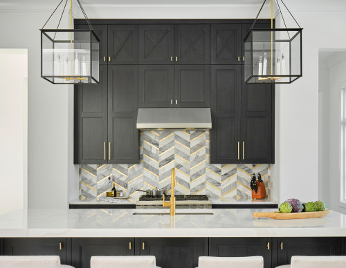 Luxury Kitchen Design Inspirations with Shaker Cabinets and Marble Herringbone Backsplash