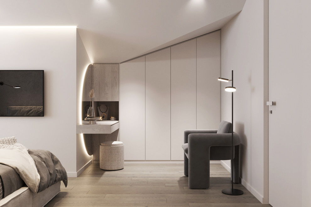 Белые интерьеры спальни и ванной комнаты