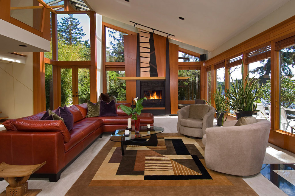 Large contemporary living room in Vancouver with a standard fireplace and no tv.