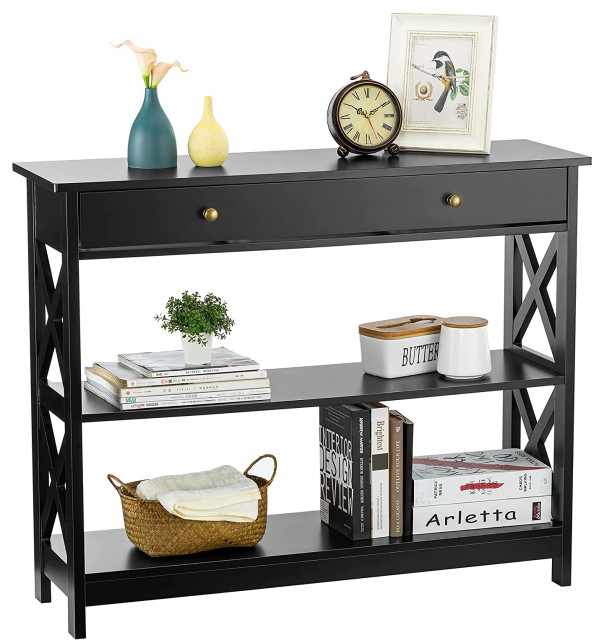 Narrow Console Table with Drawers and storage, 3 Tiers Classic X Design - Transitional - Console ...