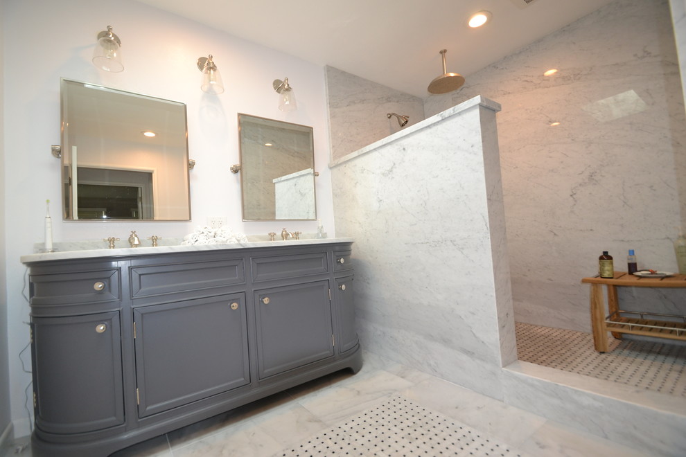 Expansive master bathroom in San Francisco with a drop-in sink, furniture-like cabinets, grey cabinets, marble benchtops, a corner shower, white walls and marble floors.