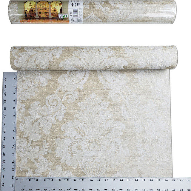 Victorian Wallpaper brass Gold Metallic off white beige damask Textured ...