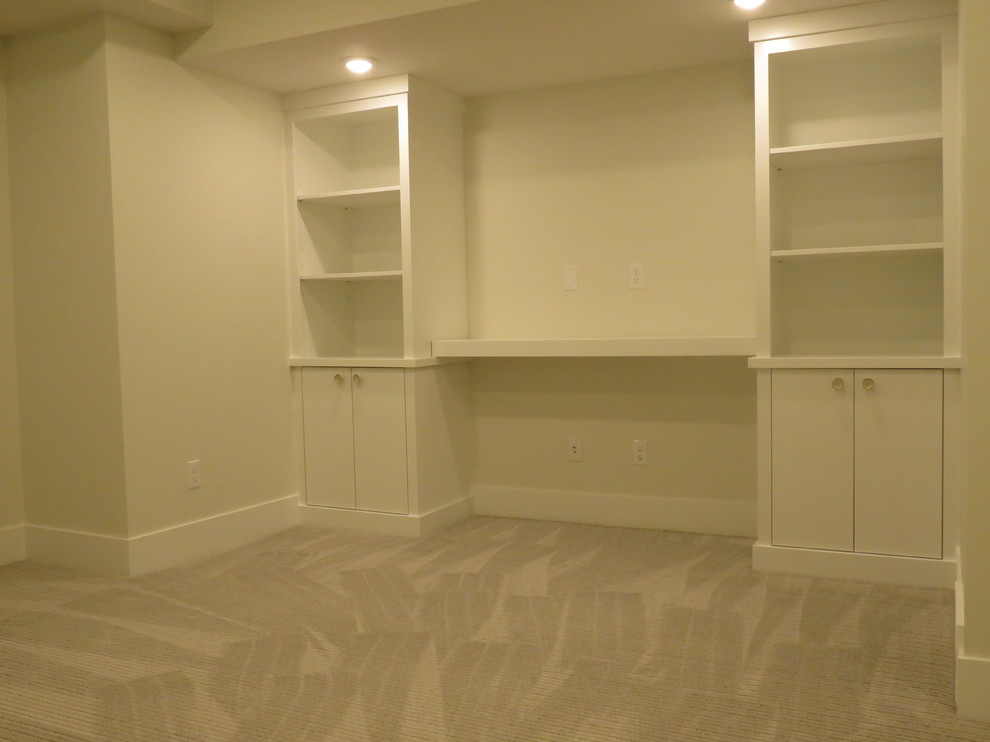 Mid-sized transitional look-out carpeted and gray floor basement photo in Calgary with white walls