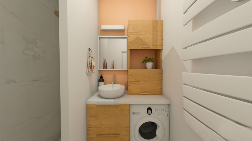 Kleines Modernes Duschbad mit bodengleicher Dusche, weißen Fliesen, Marmorfliesen, rosa Wandfarbe, Marmorboden, Aufsatzwaschbecken und Einzelwaschbecken in Lyon