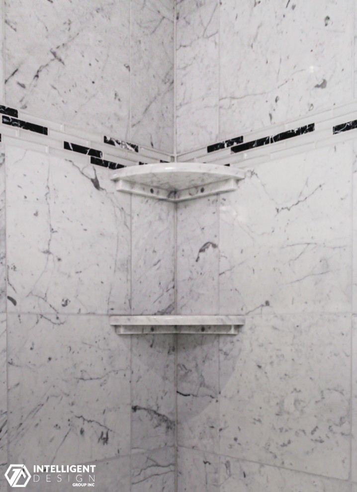Mid-sized transitional master white tile and marble tile white floor and double-sink alcove bathtub photo in Toronto with flat-panel cabinets, dark wood cabinets, white walls and a freestanding vanity