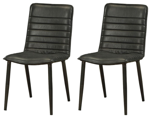 Set of 2 Top Grain Leather Side Chair, Antique Black Finish Midcentury Dining Chairs by