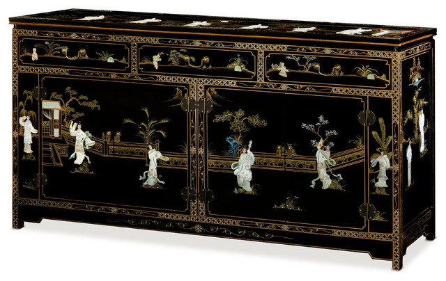66 Black Lacquer Mother Of Pearl Motif Sideboard Asian