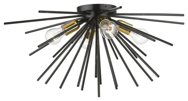 Tribeca 4 Light Shiny Black With Polished Brass Accents Large Flush ...