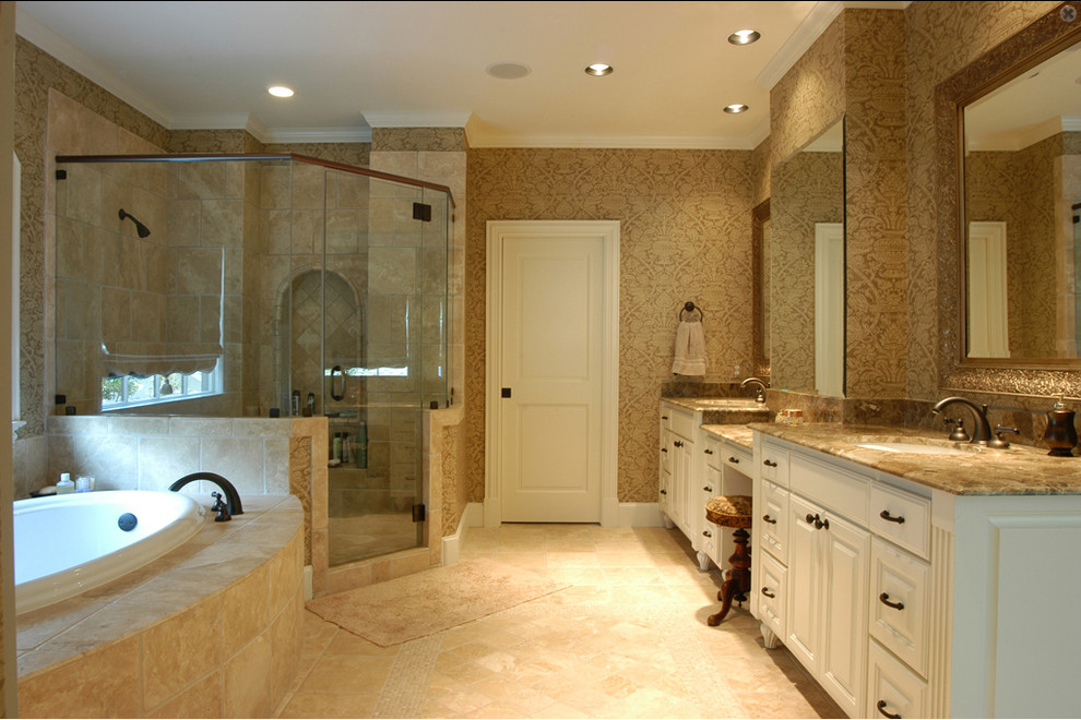 Mid-sized country master bathroom in Dallas with a drop-in sink, recessed-panel cabinets, dark wood cabinets, granite benchtops, a corner tub, an alcove shower, a one-piece toilet, beige walls and ceramic floors.