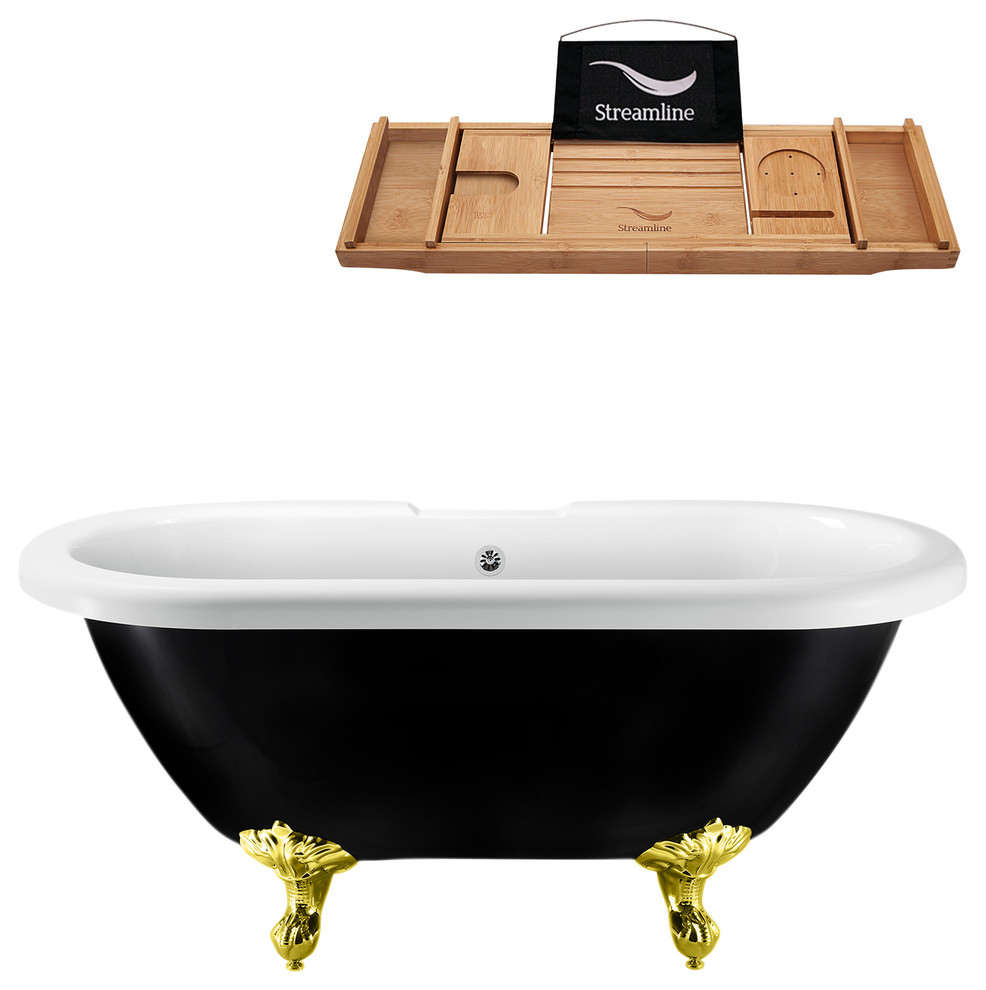 59" Black Clawfoot Tub and Tray, Gold Feet, Chrome External Drain