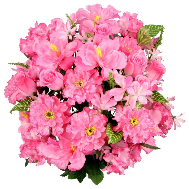36 Stems Artificial Hibiscus, Rosebud, Freesias And Fillers, Pink