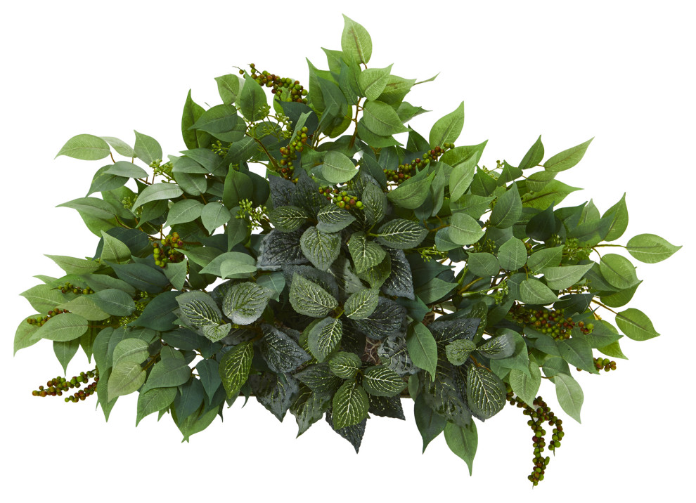 20" Mixed Ficus and Fittonia Artificial Ledge Plant Modern