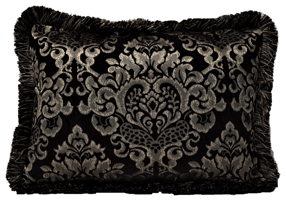 Floral Medallion Throw Pillow With Fringe, Black/Gold, 12x17