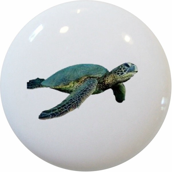 Green Sea Turtle Ceramic Drawer Knob Beach Style