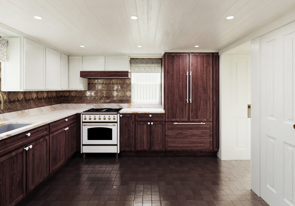 Example of a mid-sized cottage u-shaped porcelain tile, brown floor and wood ceiling enclosed kitchen design in New York with an undermount sink, recessed-panel cabinets, medium tone wood cabinets, marble countertops, yellow backsplash, metal backsplash, paneled appliances, no island and white countertops