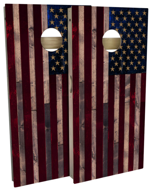 Color Rustic Wood American Flag Regulation Cornhole Board Set, Includes 8 Bags