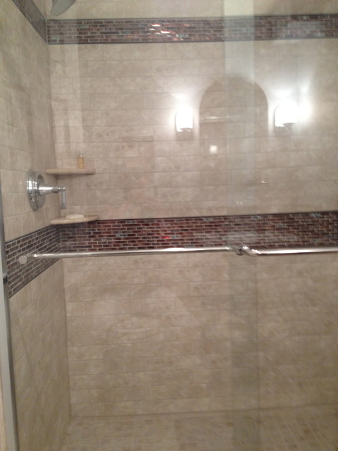 Mid-sized transitional beige tile and porcelain tile porcelain floor alcove shower photo in DC Metro with a console sink, open cabinets, dark wood cabinets, solid surface countertops, a two-piece toilet and blue walls