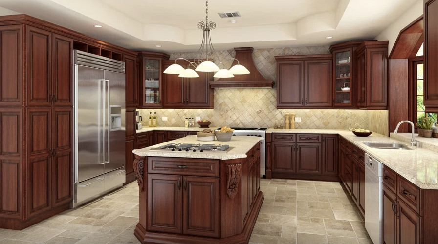 Design ideas for a large traditional u-shaped separate kitchen in Chicago with a double-bowl sink, raised-panel cabinets, dark wood cabinets, granite benchtops, beige splashback, limestone splashback, stainless steel appliances, ceramic floors, with island and beige floor.