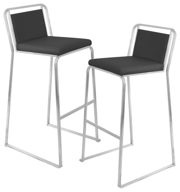 Cascade Contemporary Stackable Bar Stools, Faux Leather, Set of 2, Black