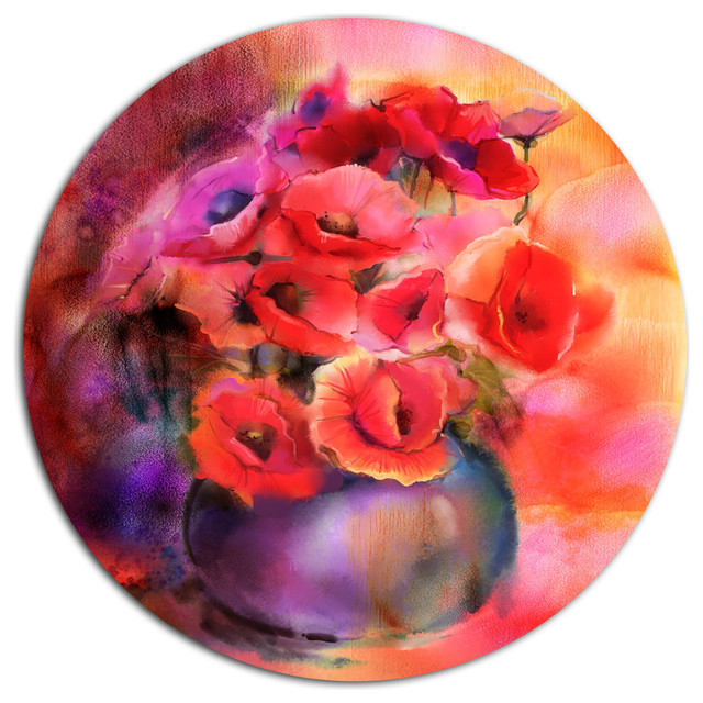 Disc of 23 23 H x 23 W x 1 D 1P Red Designart Bouquet of Cute Poppies in Vase Modern Floral Round Metal Wall Art