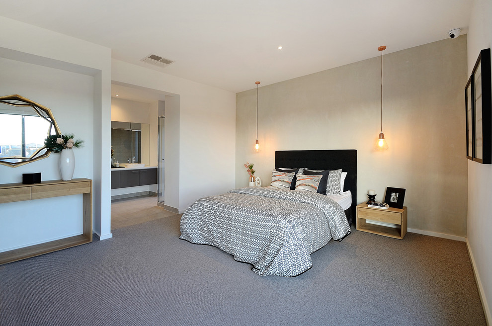 Mid-sized contemporary master bedroom in Melbourne with white walls, carpet and no fireplace.