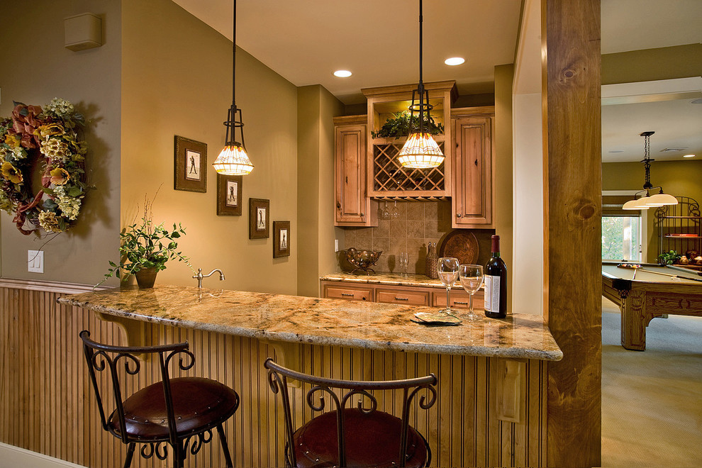Large mountain style walk-out carpeted basement photo with beige walls and no fireplace