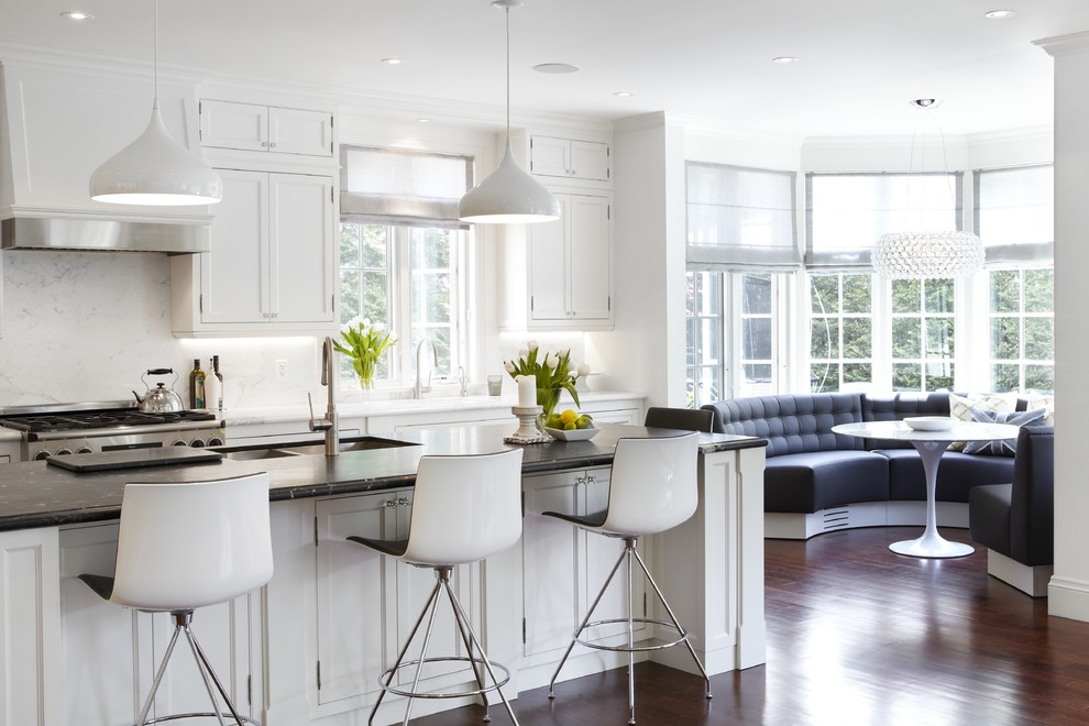 Mid-sized transitional single-wall eat-in kitchen in Toronto with white cabinets, white splashback, stone slab splashback, a double-bowl sink, beaded inset cabinets, quartz benchtops, stainless steel appliances, dark hardwood floors and with island.