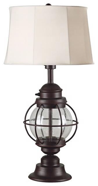 Hatteras Outdoor Table Lamp, Gilded Copper With Seeded Glass Finish