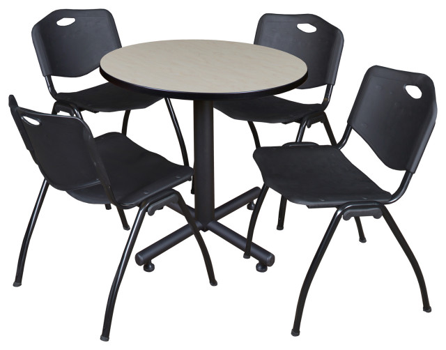 Kobe 30" Round Breakroom Table- Maple & 4 'M' Stack Chairs- Black