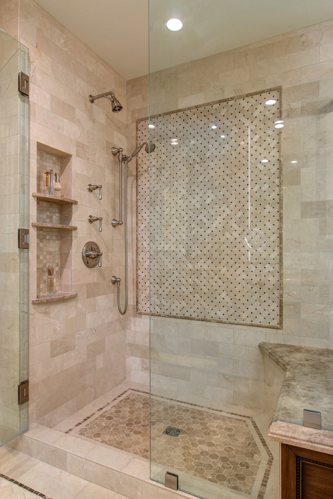 Mid-sized elegant master beige tile and stone tile marble floor corner shower photo in San Diego with furniture-like cabinets, medium tone wood cabinets, an undermount tub, beige walls and marble countertops