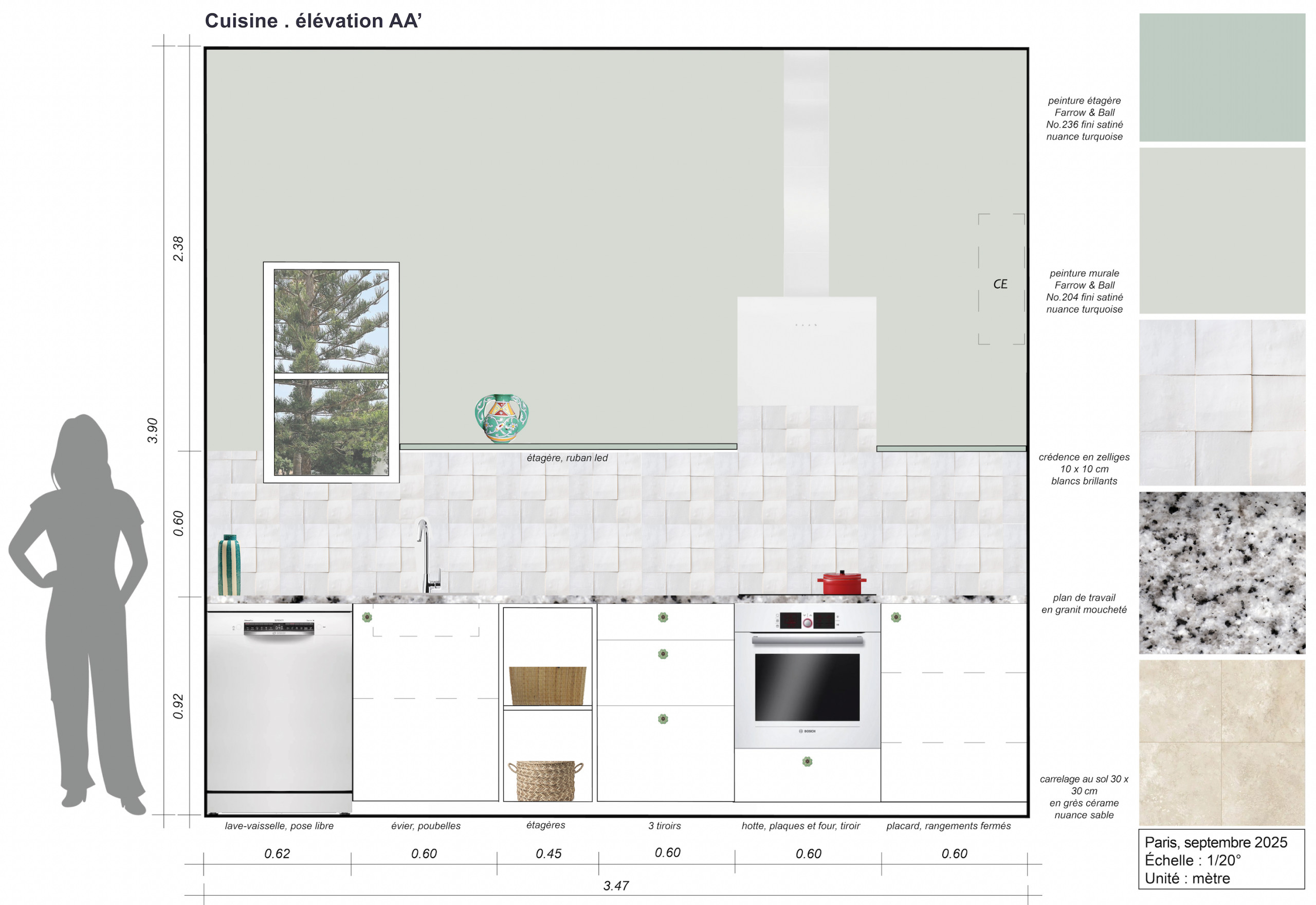 Cuisine, élévation cotée, recherches matériaux et couleurs