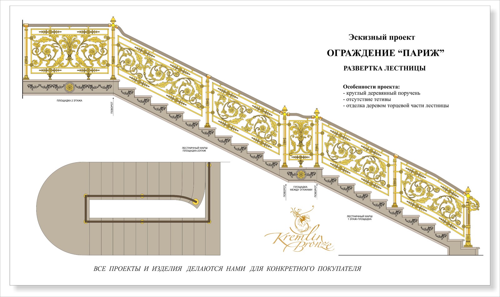 Проект литого ограждения  в сочетании с деревом. Эскизный проект