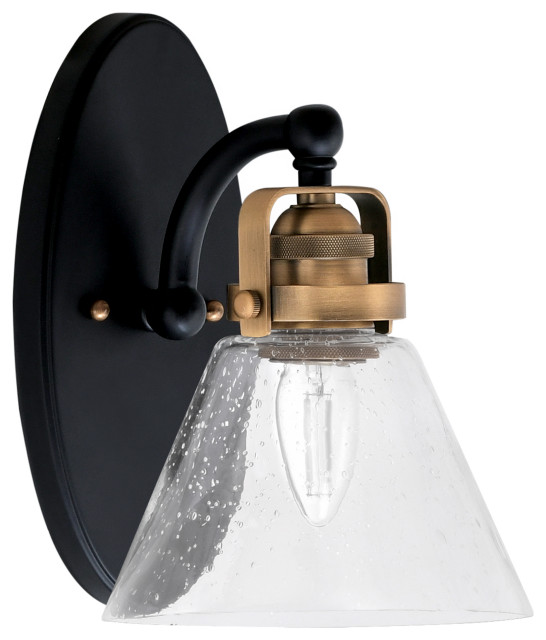 Easton Wall Sconce In Matte Black & Brass, 7" Clear Bubble Glass