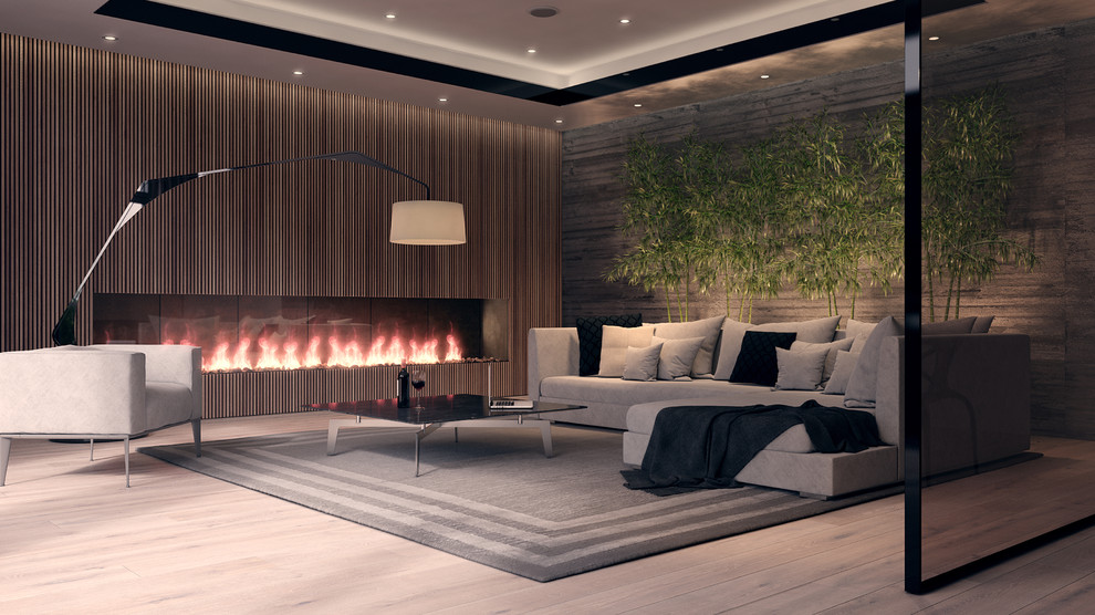 Inspiration for a mid-sized modern open concept living room in Other with grey walls, light hardwood floors, a standard fireplace and a wood fireplace surround.