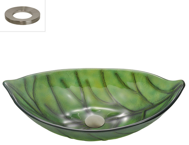 MR Direct 609 Green Colored Leaf Glass Sink, Brushed Nickel, *No Faucet*, With D
