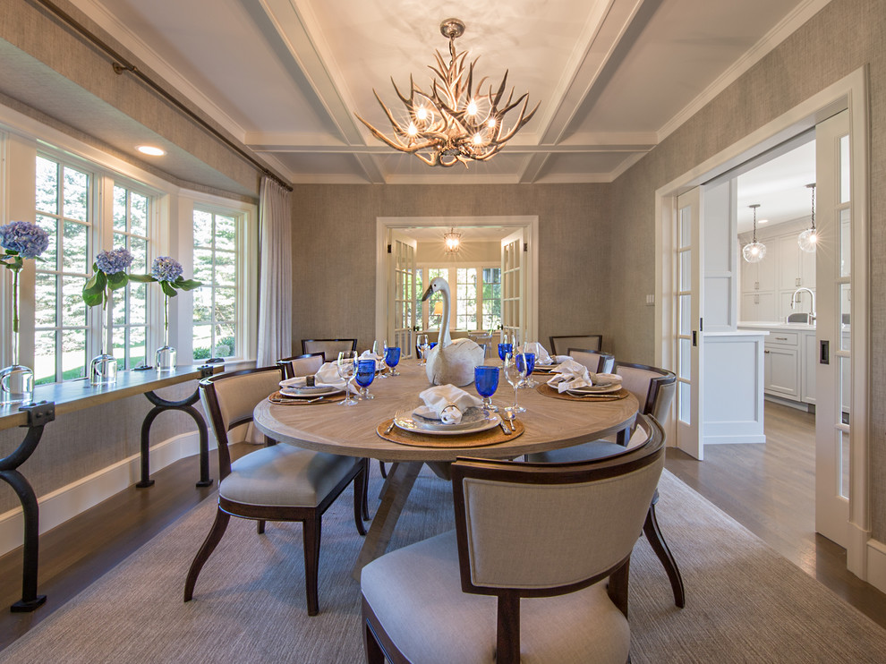 Inspiration for a large traditional kitchen/dining combo in Boston with beige walls and coffered.