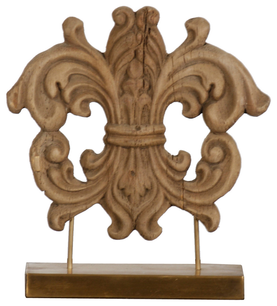 French Country Wood Carved Crest Sculpture on Stand