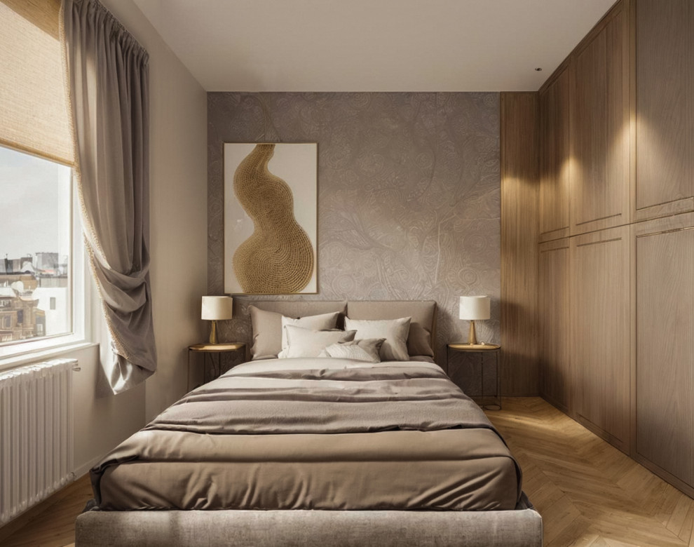На фото: хозяйская спальня среднего размера в современном стиле с белыми стенами, полом из фанеры, бежевым полом, обоями на стенах и акцентной стеной