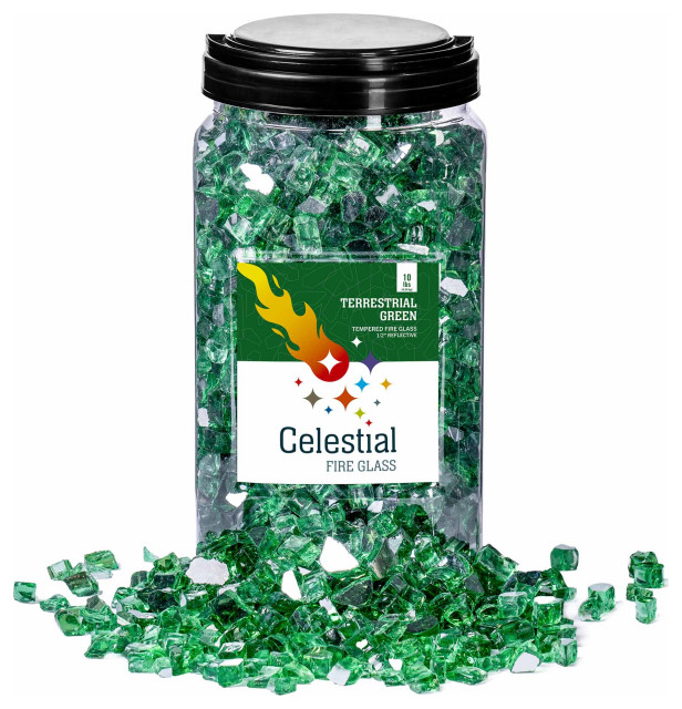 1/2" Reflective Tempered Fire Glass, Terrestrial Green, 10 lb. Jar