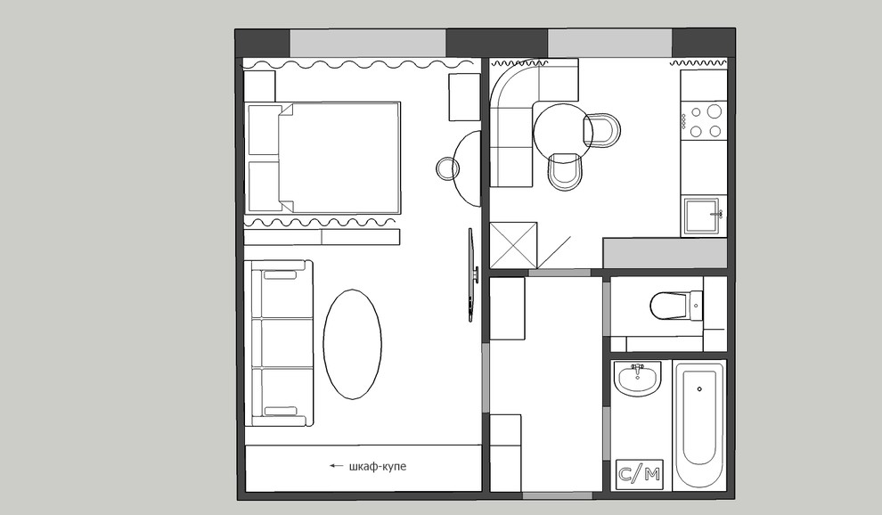 Пример расстановки мебели 1к квартира 33 кв.м