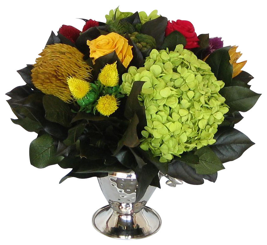 Mini Nickel Trophy Vase, Clover, Roses, Banksia, Protea and Basil Hydrangea