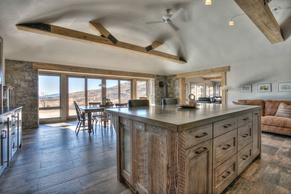 Inspiration for a rustic ceramic tile kitchen/dining room combo remodel in Denver with gray walls, a wood stove and a stone fireplace