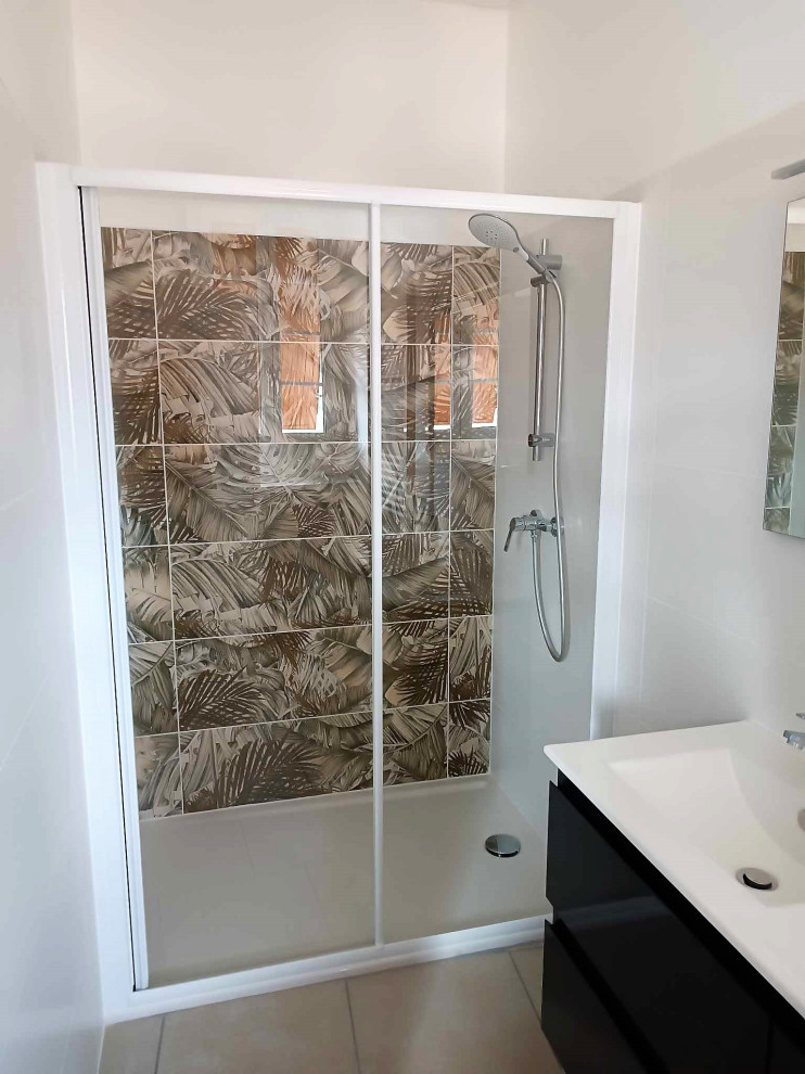 Example of a mid-sized eclectic 3/4 white tile and ceramic tile medium tone wood floor, beige floor and double-sink bathroom design in Other with beaded inset cabinets, black cabinets, white walls, a console sink, white countertops, a freestanding vanity and a two-piece toilet