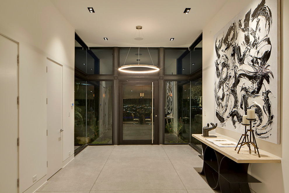Inspiration for a contemporary foyer in Los Angeles with white walls, concrete floors, a pivot front door and a black front door.