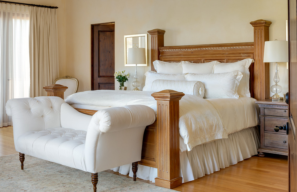 Design ideas for a mediterranean bedroom in Santa Barbara with beige walls.