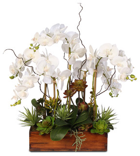 artificial rectangular container arrangements silk orchids flower succulents phalaenopsis wooden dark touch contemporary flowers