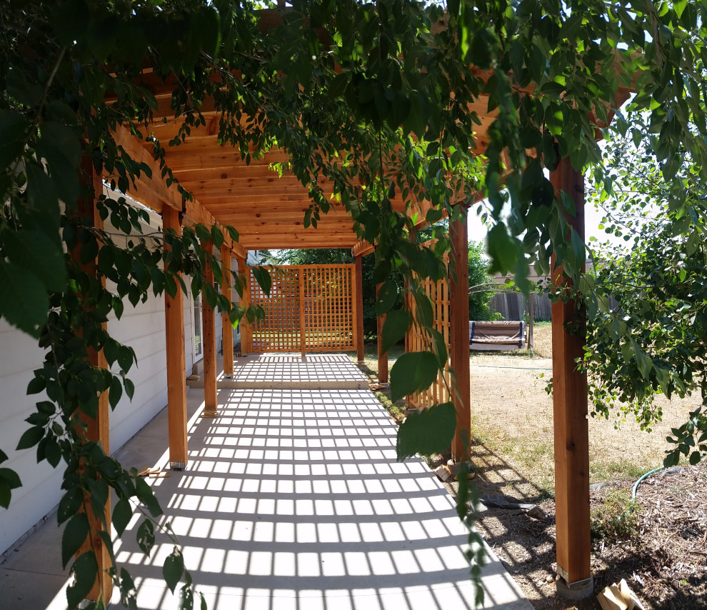 This is an example of a mid-sized arts and crafts backyard and ground level deck in Denver with with privacy feature, a pergola and wood railing.