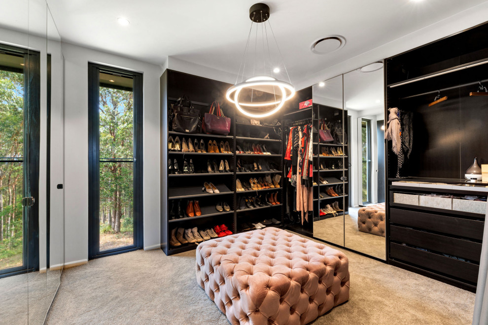 Inspiration for a contemporary women's walk-in wardrobe in Sunshine Coast with open cabinets, dark wood cabinets, carpet and beige floor.